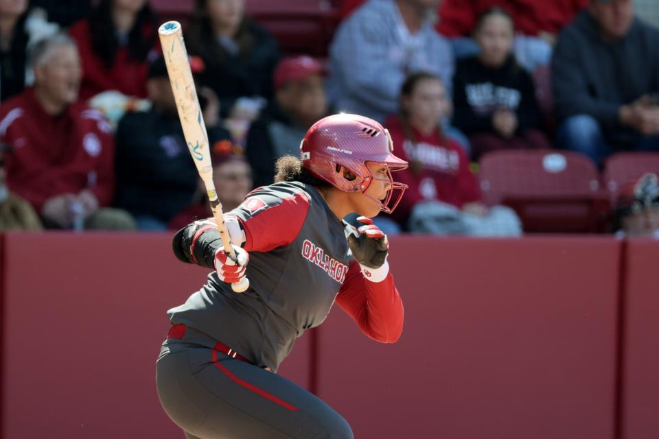 OU's Ella Parker (5) gets a hit in the first inning against Baylor on Saturday at Love's Field in Norman.