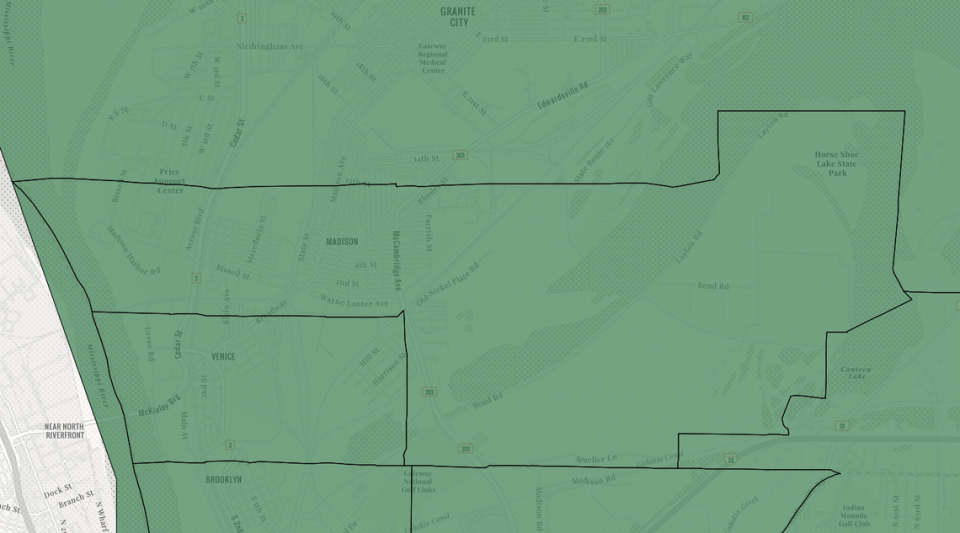 This screenshot shows the current boundaries of Venice Community Unit School District 3, bottom-left, and Madison Community Unit School District 12, top-right.