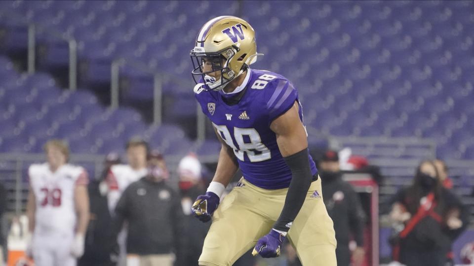 Washington wide receiver Ty Jones in action against Utah during the second half of an NCAA college football game, Saturday, Nov. 28, 2020, in Seattle. (AP Photo/Ted S. Warren)