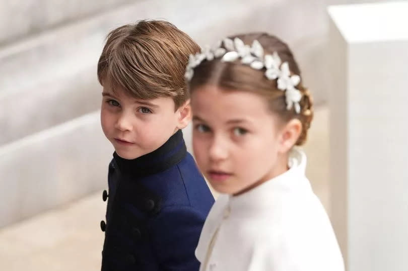 Britain's Princess Charlotte of Wales and Britain's Prince Louis of Wales arrive at Westminster Abbey in central London on May 6, 2023, ahead of the coronations of Britain's King Charles III and Britain's Camilla, Queen Consort. -