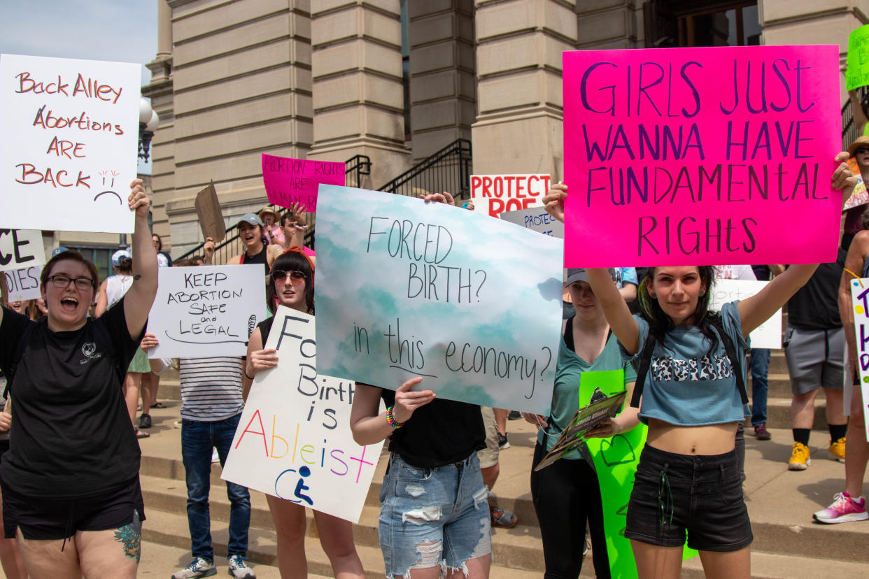 Outside of the Tippecanoe County Courthouse, protesters demonstrate as part of the nationwide "Bans Off Our Bodies" protest against the potential Supreme Court decision which would overturn Roe v. Wade, on May 14, 2022, in Lafayette.
