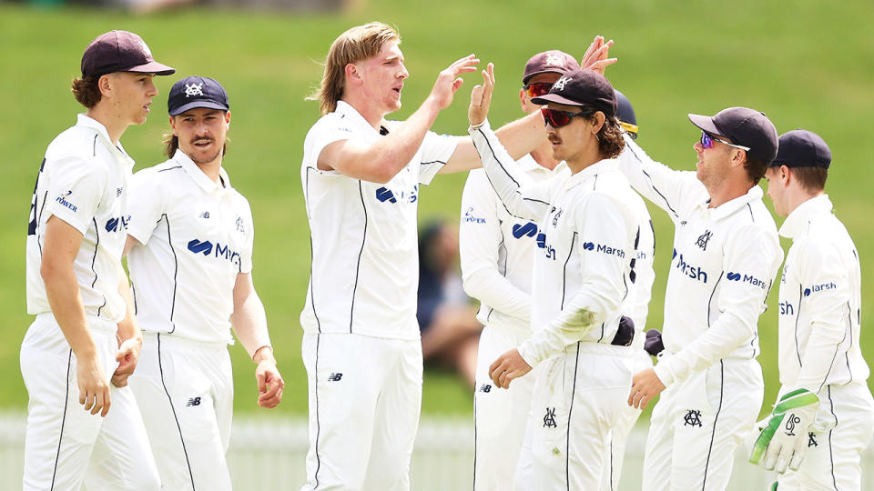 Victoria's Will Sutherland is pictured in the centre giving teammates high-fives in the Sheffield Shield.