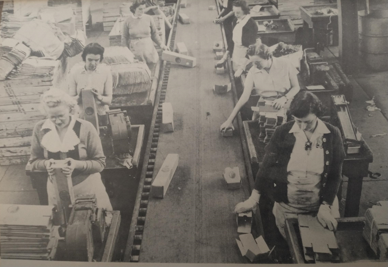 Women work at the Chrysler Mopar plant in 1944. Several women took jobs traditionally open exclusively to men during the war.