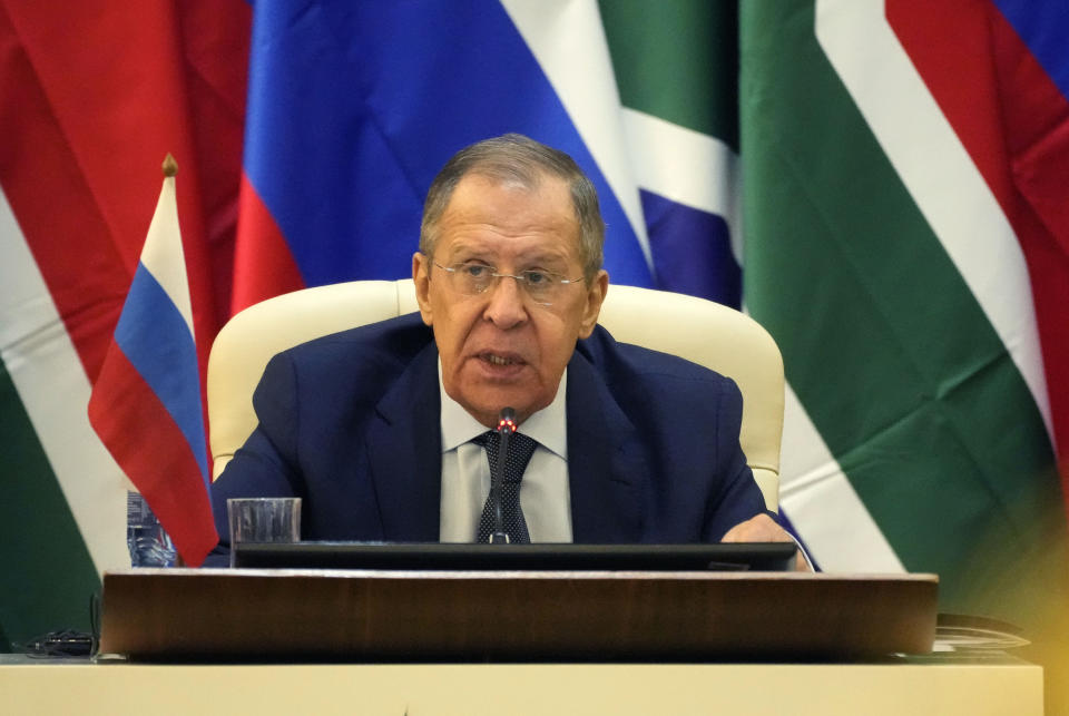 Russia's Foreign Minister Sergey Lavrov speaks during the opining remarks of his meeting with his South Africa's counterpart Naledi Pandor in Pretoria, South Africa, Monday, Jan. 23, 2023. Lavrov arrived in South Africa for diplomatic talks with his counterpart amid heightened global tensions over the country's war with Ukraine. (AP Photo/Themba Hadebe)