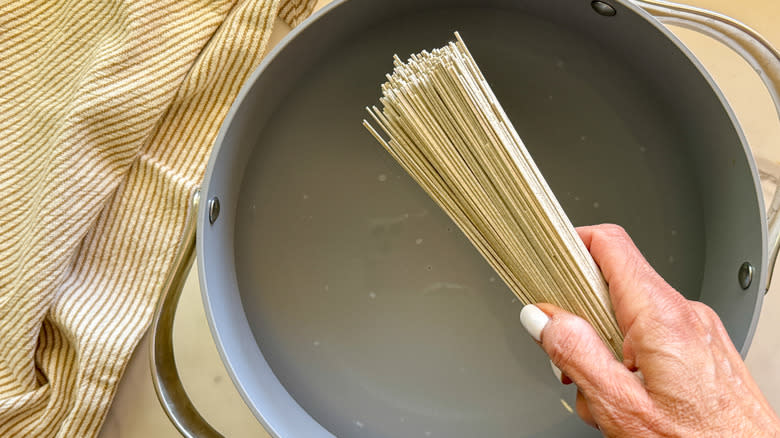 hand holding noodles over pot