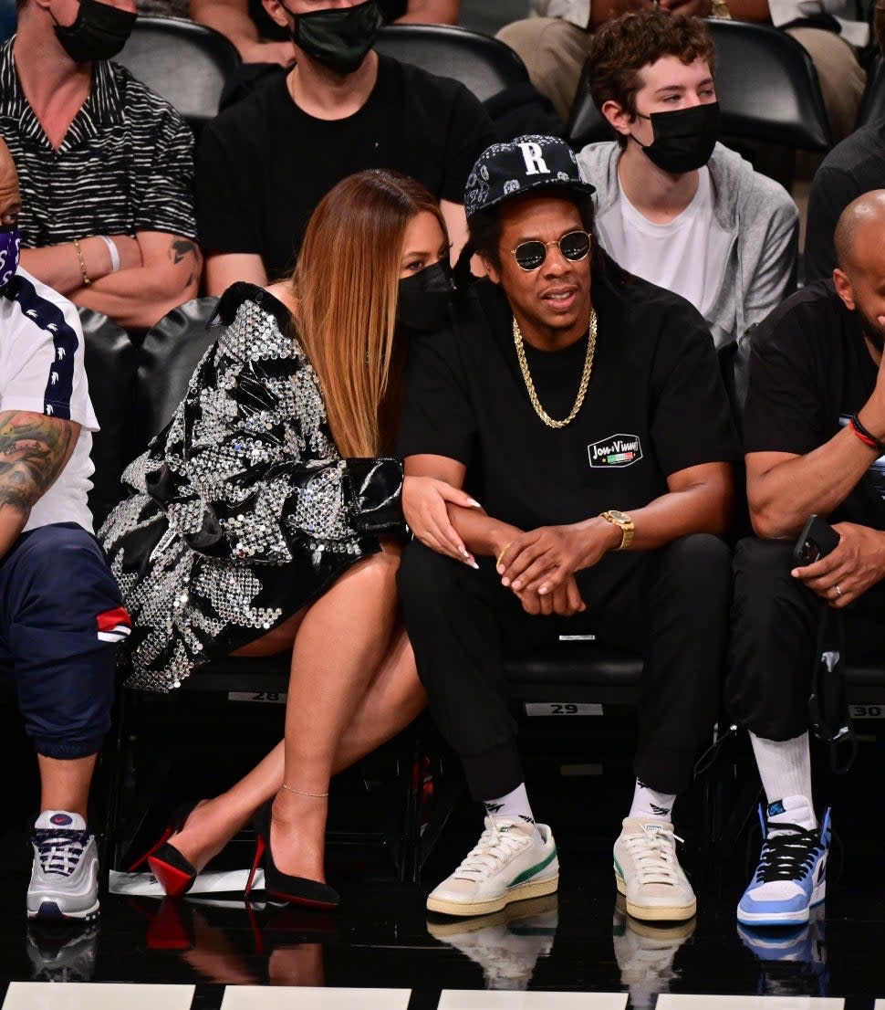 Beyonce and Jay-Z attend Brooklyn Nets v Milwaukee Bucks game at Barclays Center of Brooklyn on June 05, 2021 in New York City.