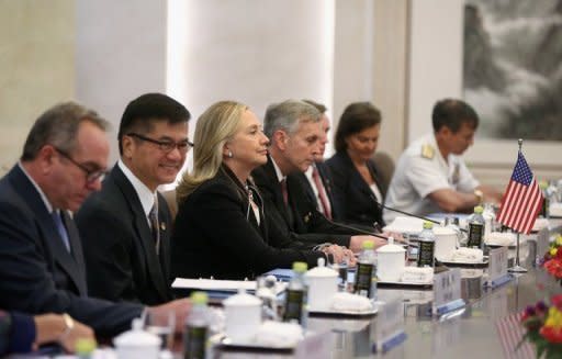 US Secretary of State Hillary Clinton (3rd L) at the Ministry of Foreign Affairs in Beijing. Clinton's trip comes before elections in the US, where Barack Obama's Republican challenger Mitt Romney has vowed a tougher stance on China over its currency rate and its military build-up