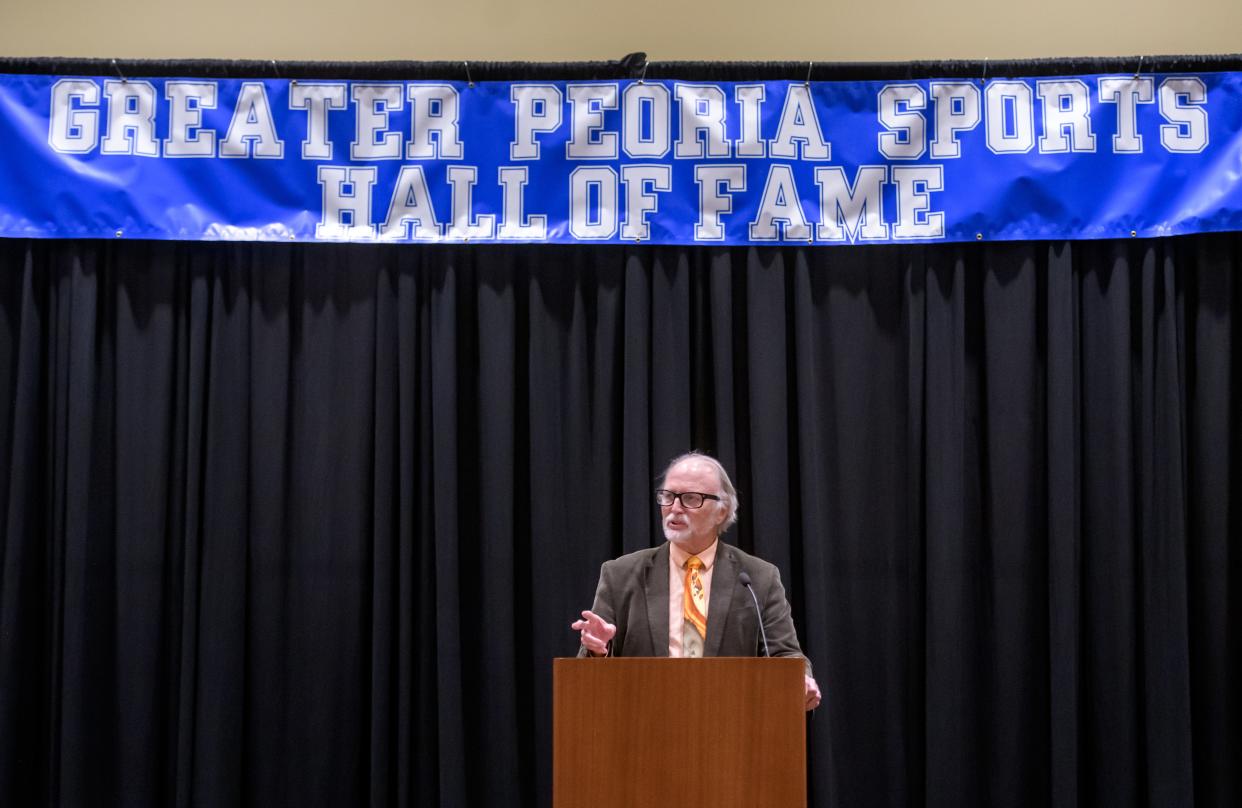 Retired Journal Star sports editor Kirk Wessler, a Peoria native, shares some thoughts from his 41-year career during an induction ceremony Saturday, March 23, 2024 for the Greater Peoria Sports Hall of Fame at the Peoria Civic Center.