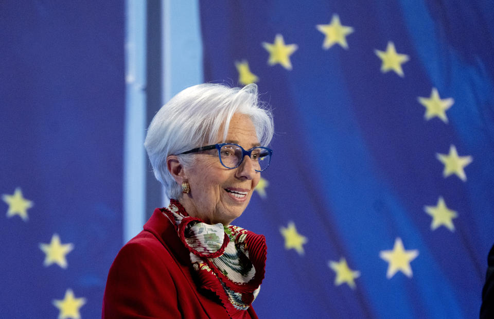 FILE - President of European Central Bank Christine Lagarde speaks during a press conference in Frankfurt, Germany, Thursday, March 16, 2023, after a meeting of the ECB's governing council. The Fed may have hit 'pause' on interest rates hikes but Europe's central bank still has its finger on 'fast forward' with inflation still plaguing consumers with higher prices for everything from groceries to summer vacation travel. The question at Thursday's meeting of the European Central Bank is, for how much longer its rapid series of rate increases will go on. (AP Photo/Michael Probst, File)