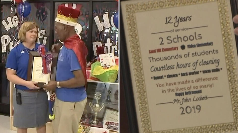 'Mr John' is given a plaque to thank him for being more than just a janitor at Sand Hill School in Georgia.
