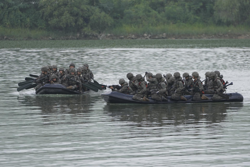 South Korean soldiers on boats make their way during the combined wet gap crossing military drill between South Korea and the United States as a part of the Ulchi Freedom Shield military exercise in Cheorwon, South Korea, Thursday, Aug. 31, 2023. (AP Photo/Lee Jin-man)