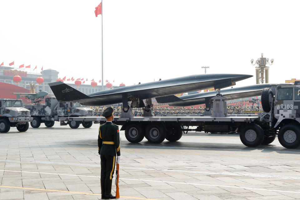 A military vehicle carrying a WZ-8 supersonic reconnaissance drone travels past Tiananmen Square during the military parade marking the 70th founding anniversary of People's Republic of China, on its National Day in Beijing, China October 1, 2019.  REUTERS/Thomas Peter