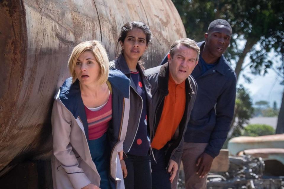 Tosin Cole with cast mates Jodie Whittaker, Mandip Gill and Bradley Walsh (BBC)