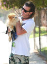 <p>Gavin Rossdale gazes at his pampered pooch on Monday after a game of tennis with pal Pete Wentz in L.A. </p>