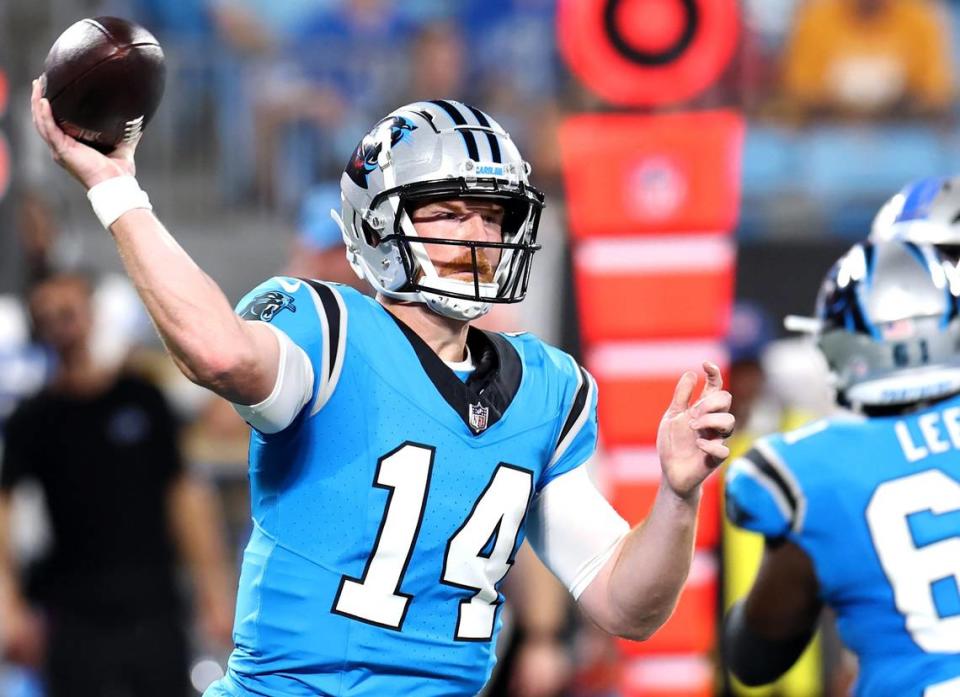 Carolina Panthers quarterback Andy Dalton drops back to pass to a receiver during second quarter action against the Detroit Lions on Friday, August 25, 2023 at Bank of America Stadium in Charlotte, NC.