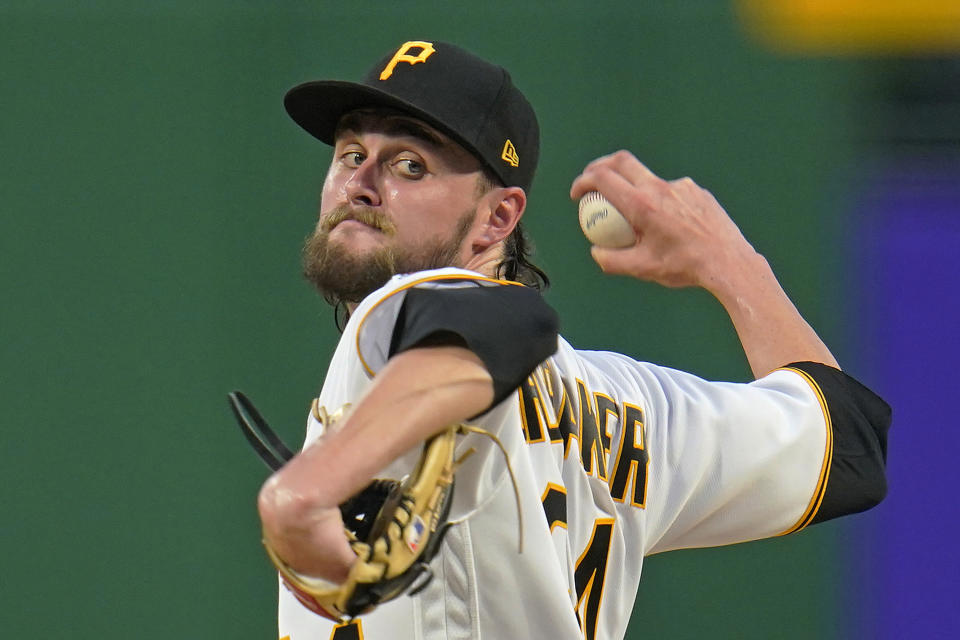 Pittsburgh Pirates starting pitcher JT Brubaker delivers during the third inning of the team's baseball game against the Los Angeles Dodgers in Pittsburgh, Tuesday, June 8, 2021. (AP Photo/Gene J. Puskar)