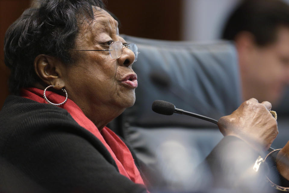 Illinois State Rep. Monique D. Davis speaks during an Illinois House committee meeting Thursday, April 17, 2014, in Chicago, regarding a plan to devote $100 million in state funds to help bring President Barack Obama's presidential museum and library to Chicago. House Speaker Michael Madigan and Mayor Rahm Emanuel were among several officials who spoke in favor of the funding. The $100 million for construction costs would be part of a new capital construction plan, which the Legislature still must approve. (AP Photo/M. Spencer Green)