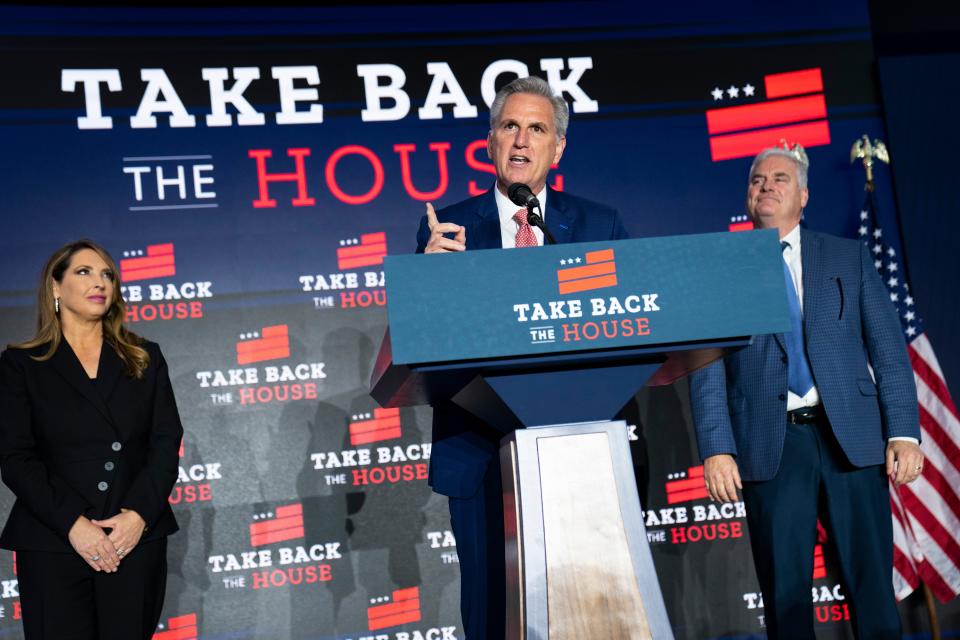 House Minority Leader Rep. Kevin McCarthy, R-Calif., delivers remarks to supporters alongside Ronna Romney McDaniel, Republican National Committee chair, and Rep. Tom Emmer, R-Minn., at a watch party at the Westin Hotel on Nov. 9, 2022 in Washington, DC.