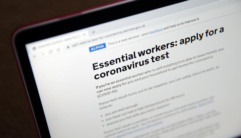 A view of the government’s website for essential workers to apply for a coronavirus test, as the UK continues in lockdown to help curb the spread of the coronavirus. Picture date: Monday April 27, 2020. 