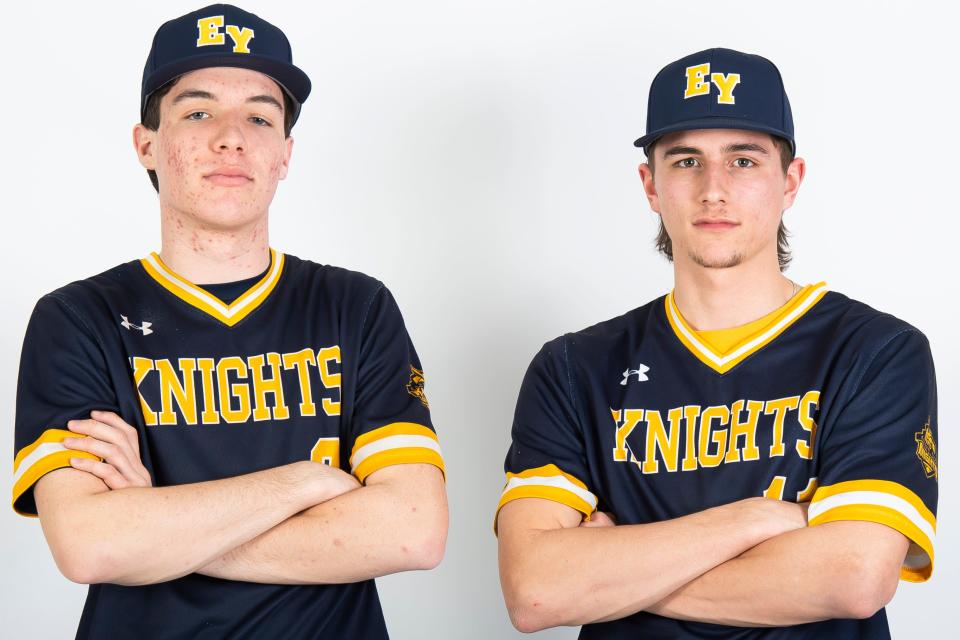 Eastern York baseball players Carter Foote-Renwick (left) and Simon Lipsius (right) pose for a photo during YAIAA spring sports media day on March 3, 2024, in York.