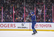 Vancouver Canucks' Nikita Zadorov celebrates his first goal against the Montreal Canadiens during the first period of an NHL hockey game Thursday, March 21, 2024, in Vancouver, British Columbia. (Darryl Dyck/The Canadian Press via AP)
