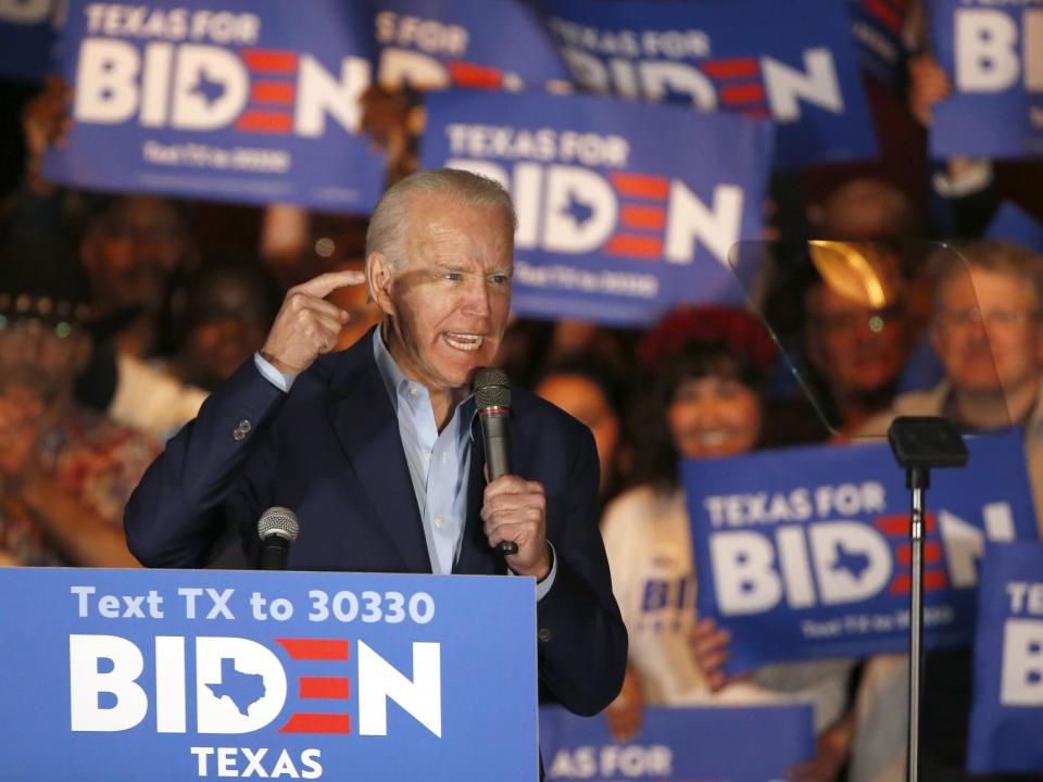 Democratic presidential candidate former vice president Joe Biden speaks during a campaign event on 2 March 2020 in Dallas, Texas: (2020 Getty Images)