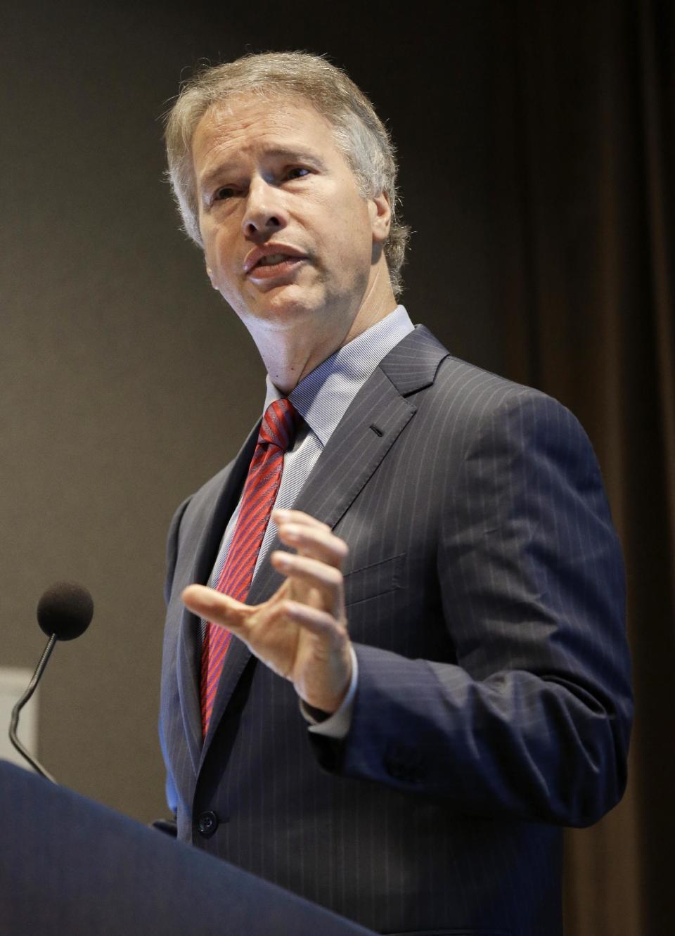 Gary Pruitt, president and CEO of The Associated Press, speaks at the Associated Press Media Editors conference on Thursday, Sept. 20, 2012, in Nashville, Tenn. (AP Photo/Mark Humphrey)