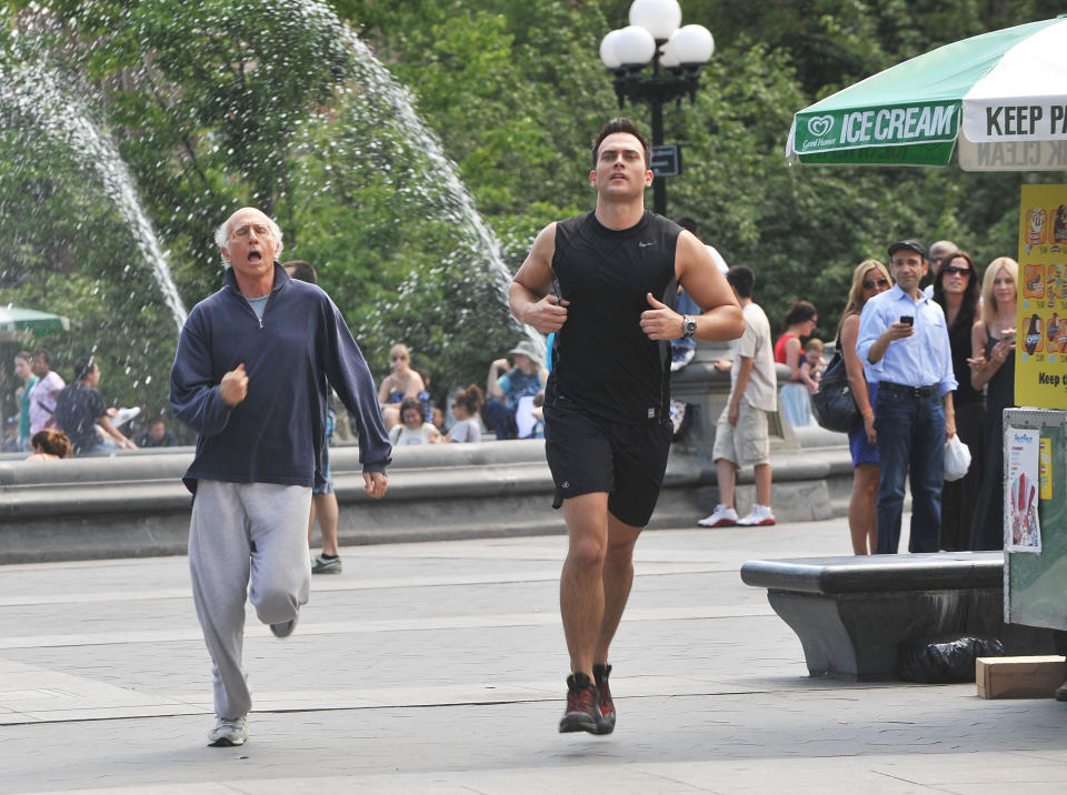 Larry David and Cheyenne Jackson on location for 