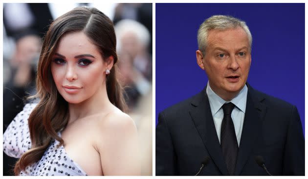 A gauche: Nabilla sur le tapis rouge du Festival de Cannes, le 22 mai 2019. A droite: Le ministre de l'Économie, Bruno Le Maire s'exprimant à Paris, le 8 avril 2021. (Photo: Getty Image)