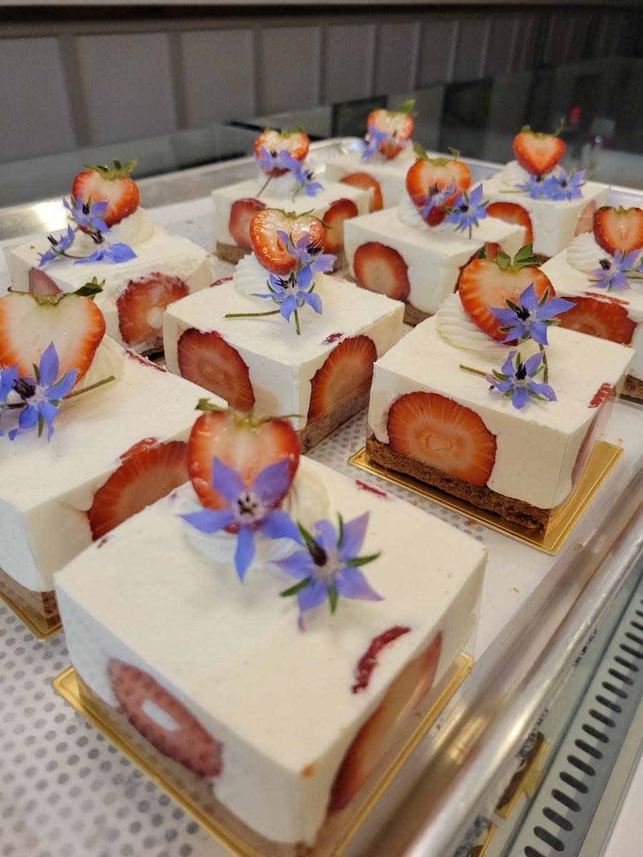 Fraisier Carré (strawberry shortcake) with edible flowers from Closter Farm at Le Carre in Hillsdale
