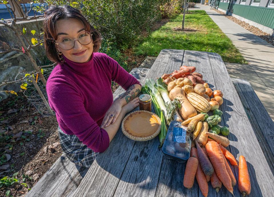 Nikki Ayres, Farm Fresh Rhode Island's director of giving, with local produce featured in a buy-one, give-a-free-one-to-charity Thanksgiving produce and pie box promotion introduced last fall. "We know that food insecurity is at an all-time high," Ayres said, "and we also know how generous the community is in Providence and Rhode Island."