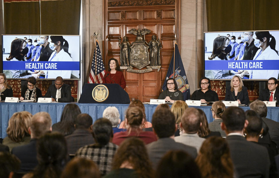 New York Gov. Kathy Hochul presents her executive state budget in the Red Room at the state Capitol Wednesday, Feb. 1, 2023, in Albany, N.Y. (AP Photo/Hans Pennink)