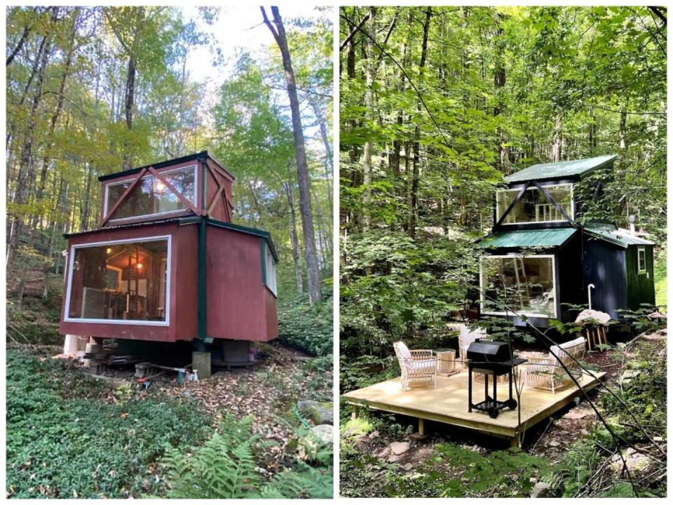 Left, a red shack. Right, a green cabin with a porch.