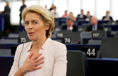 Elected European Commission President Ursula von der Leyen reacts after a vote on her election at the European Parliament in Strasbourg