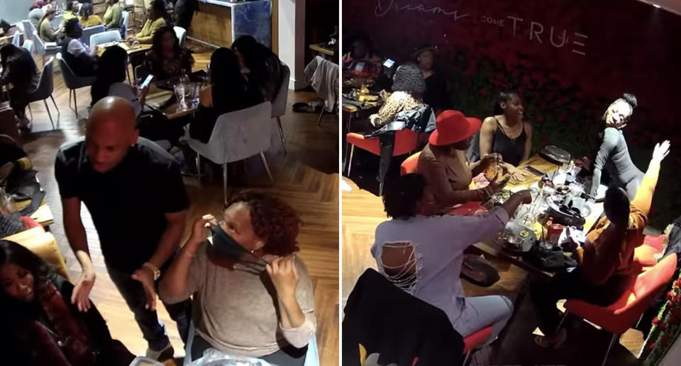 A Black restaurant owner speaking to customers (left) and customers dancing and twerking (left)