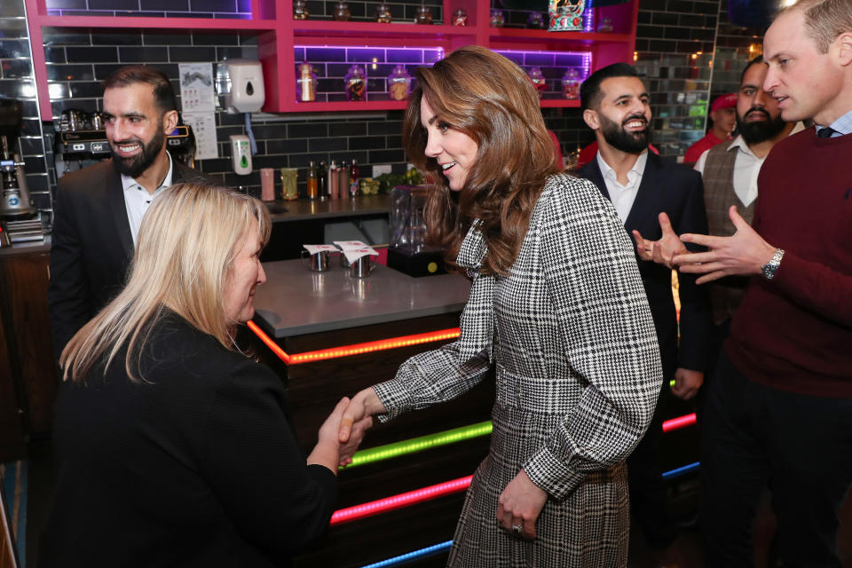 BRADFORD, ENGLAND - JANUARY 15: Catherine, Duchess of Cambridge and Prince William, Duke of Cambridge visit MyLahore’s flagship restaurant on January 15, 2020 in Bradford, United Kingdom. MyLahore is a British Asian restaurant chain which has taken inspiration from Lahore, the Food Capital of Pakistan. The Duke and Duchess visited Lahore during their recent tour to Pakistan. (Photo by Chris Jackson/Getty Images)