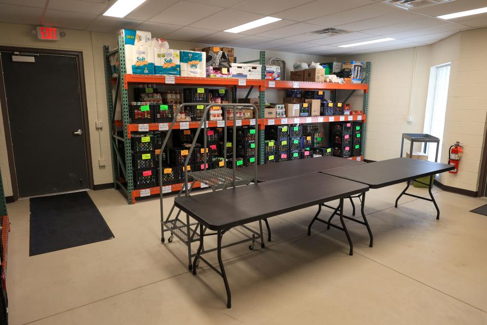 A room holds crates of food and personal care items in the new Randolph-Suffield-Atwater Food Shelf attached to the Knights of Columbus Hall in Randolph.