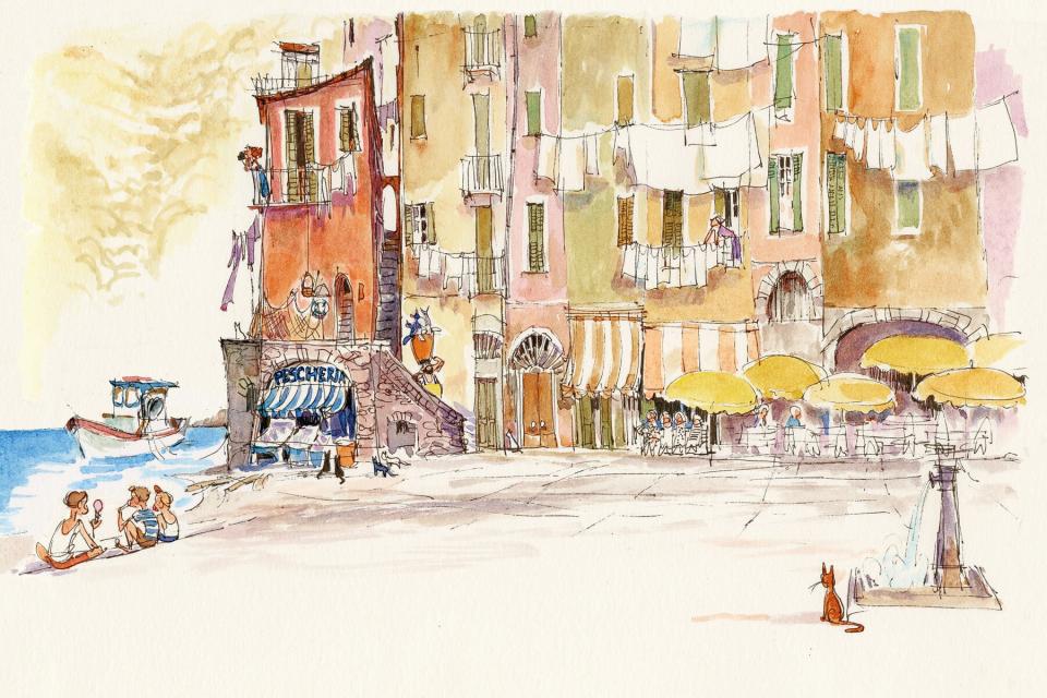 watercolor painting of fictional Italian coastal town