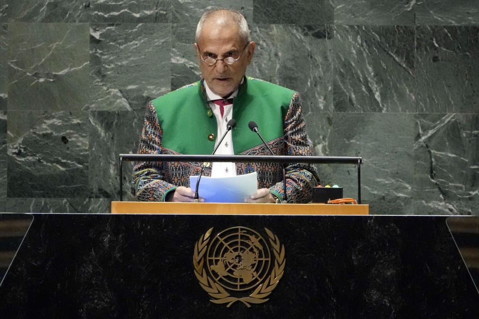 East Timor's President Jose Ramos-Horta addresses the 78th session of the United Nations General Assembly, Thursday, Sept. 21, 2023. (AP Photo/Richard Drew)