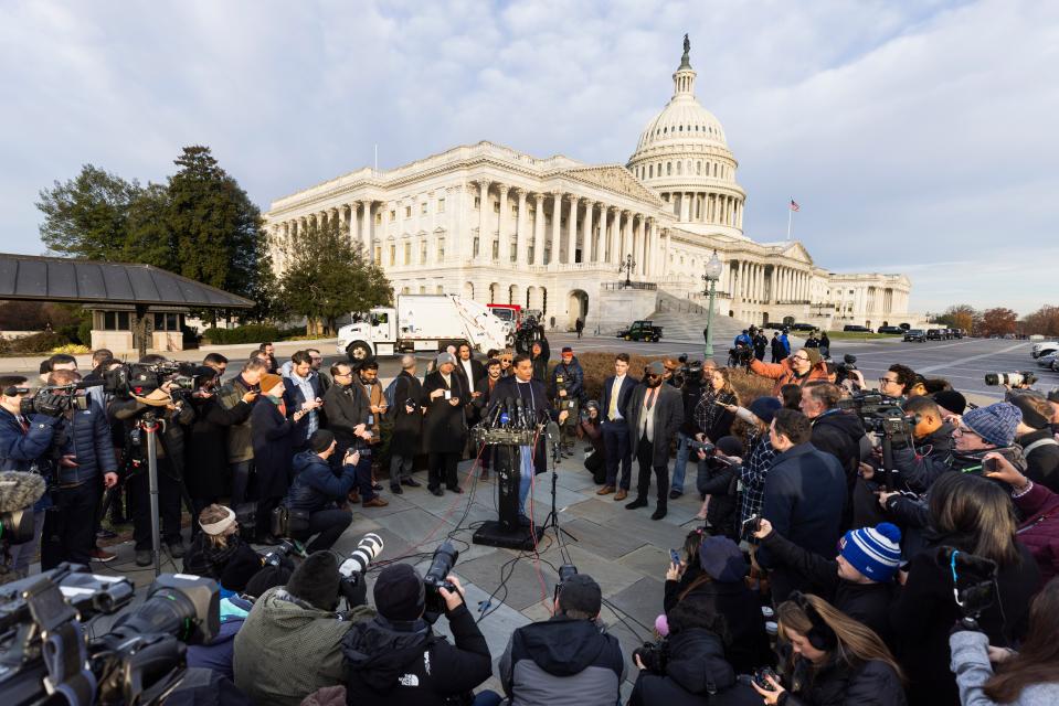Republican lawmaker from New York George Santos speaks about his possible expulsion from Congress outside the US Capitol in Washington, DC, USA, 30 November 2023 (EPA)