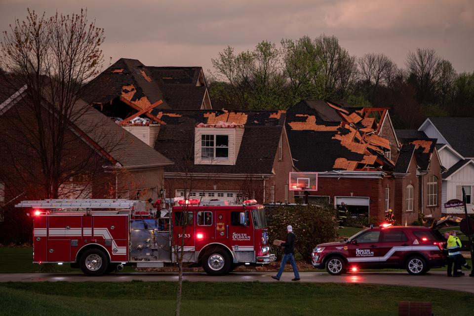 Emergency personel responded to Chelsey Meadow Ct. in Buckner, Kentucky, after several houses were damaged when severe storms hit the area on Tuesday, April 2, 2024.