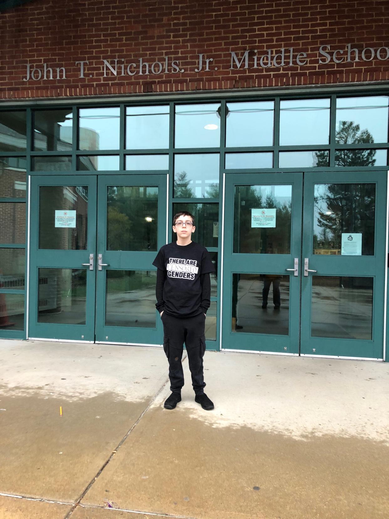 Seventh grader Liam Morrison, 12, wore a shirt reading "there are censored genders" to school on May 5, 2023. Staff at Nichols Middle School in Middleboro sent him home for the shirt's original message.