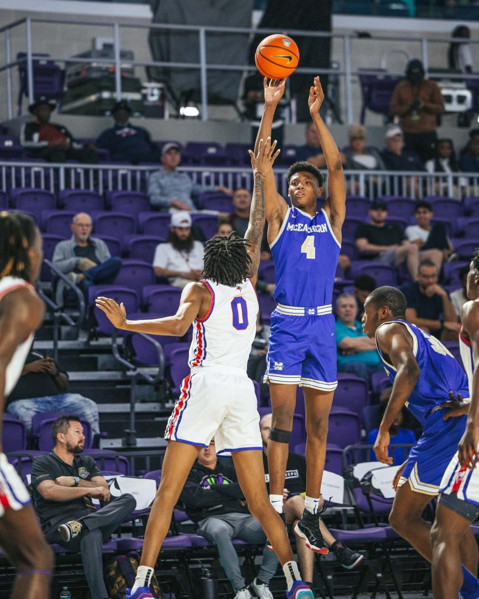 Ace Bailey of McEachern takes a jump shot against North Mecklenburg in the Consolation Championship game of the City of Palms Classic on Saturday, Dec. 23, 2023, at Suncoast Credit Union Arena in Fort Myers. McEachern won 78-71.