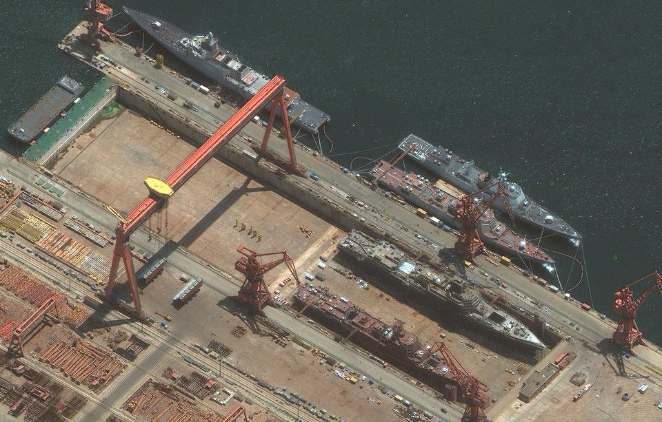 A satellite image shows warships being built at the Dalian shipyard in China.