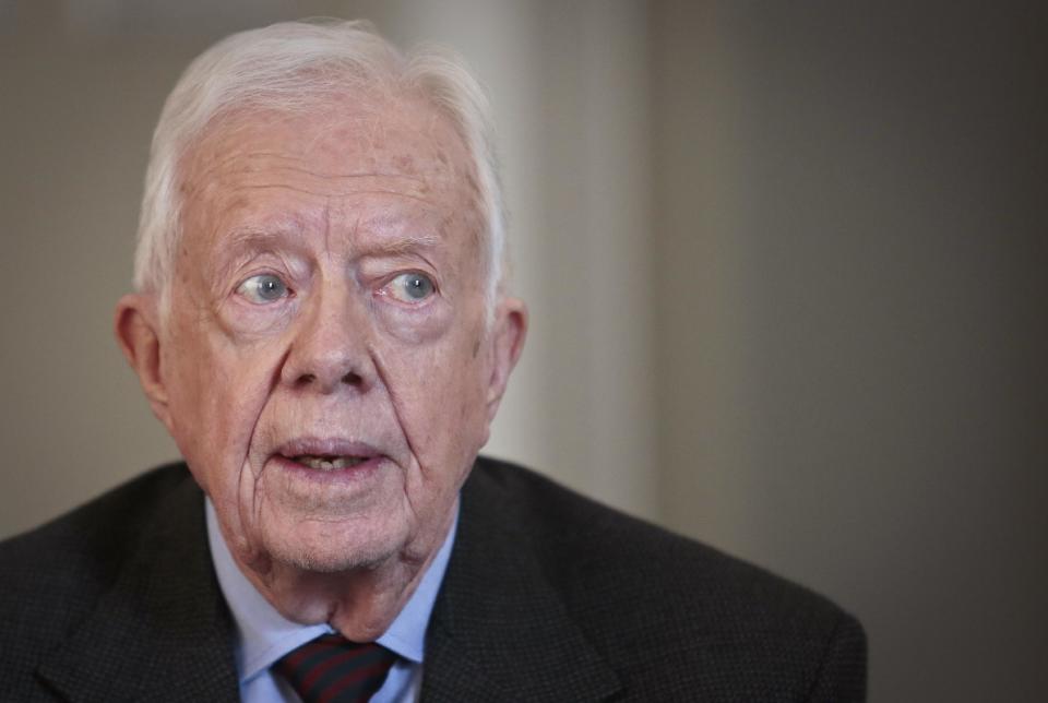 Former U.S. President Jimmy Carter speaks during an interview on Monday March 24, 2014 in New York. Carter said Monday that he doesn't support the Palestinian-led "boycott, divest, sanction" campaign against Israel but said products made in Israel-occupied Palestinian territories should be clearly labeled so buyers can make a choice about them. (AP Photo/Bebeto Matthews)
