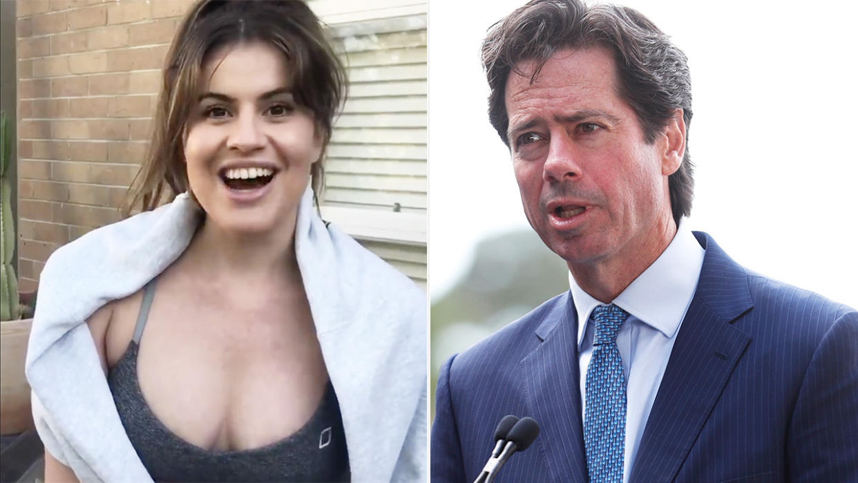 A 50-50 split image shows comedian Elouise Eftos on the left and AFL CEO Gillon McLachlan on the right.