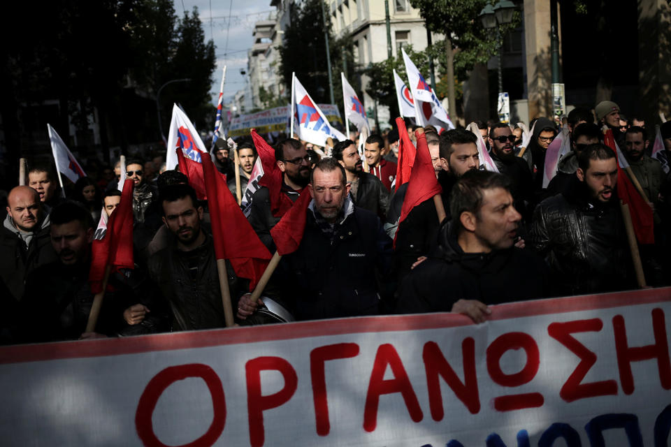 Members of the communist-affiliated PAME union take part in a demonstration in Athens