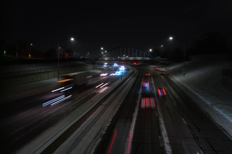 Vehicles drive on Interstate 235 in Des Moines on Thursday, Dec. 22, 2022.