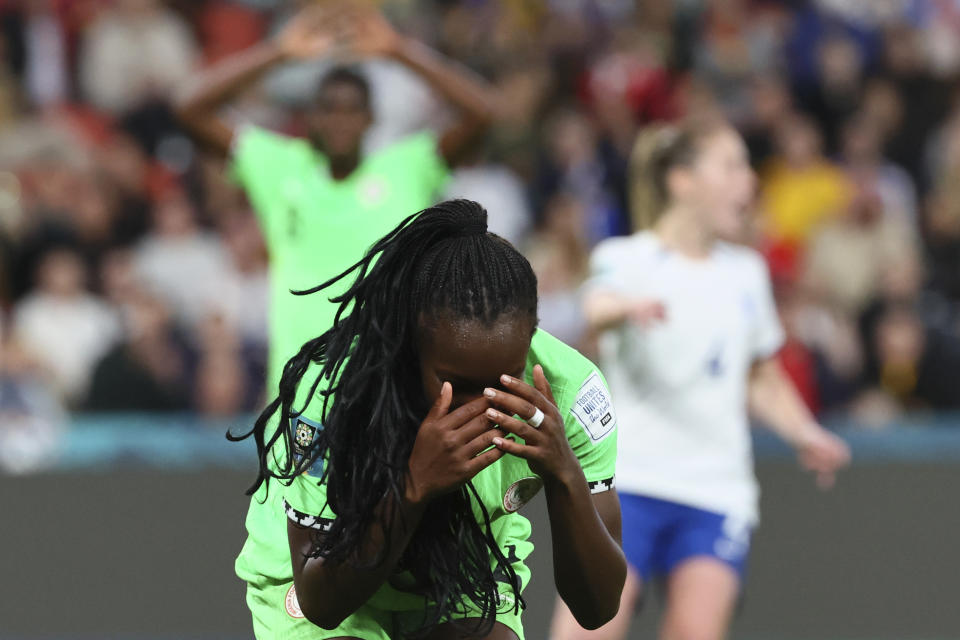 Nigeria's Michelle Alozie reacts after missing a scoring chance during the Women's World Cup round of 16 soccer match between England and Nigeria in Brisbane, Australia, Monday, Aug. 7, 2023. (AP Photo/Tertius Pickard)