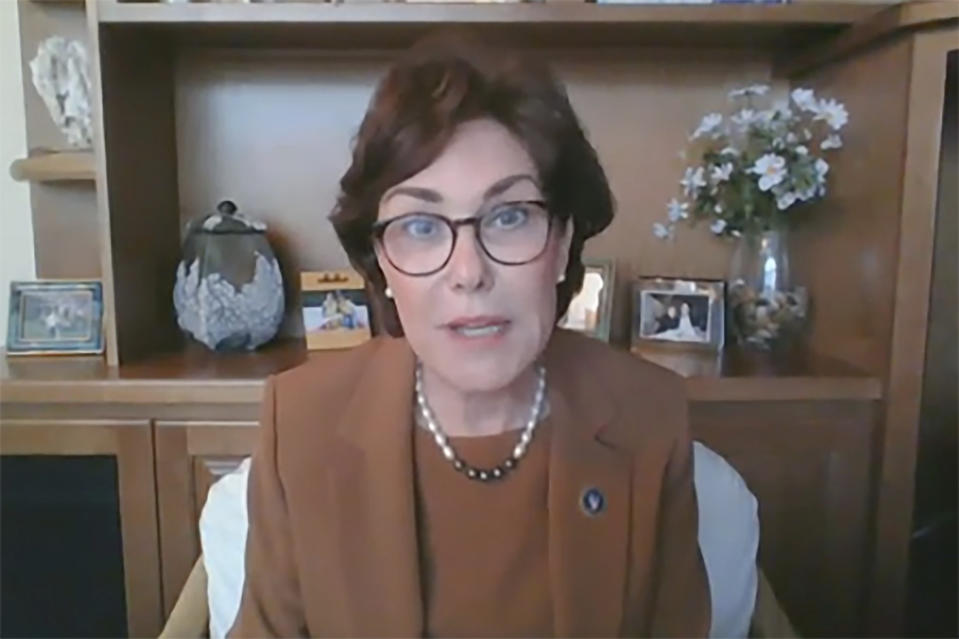 In this image from video, Sen. Jacky Rosen, D-N.V., speaks during a virtual video hearing before the Senate Governmental Affairs Committee on the U.S. Postal Service during COVID-19 and the upcoming elections, Friday, Aug. 21, 2020 on Capitol Hill in Washington. (U.S. Senate Committee on Homeland Security & Governmental Affairs via AP)